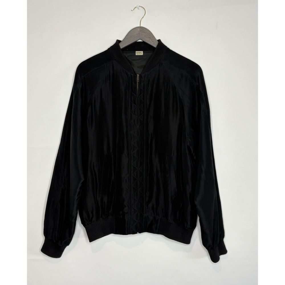 VTG 100% Silk Mens Medium Lightweight Black Bomber Jacket Full Zip Pockets
